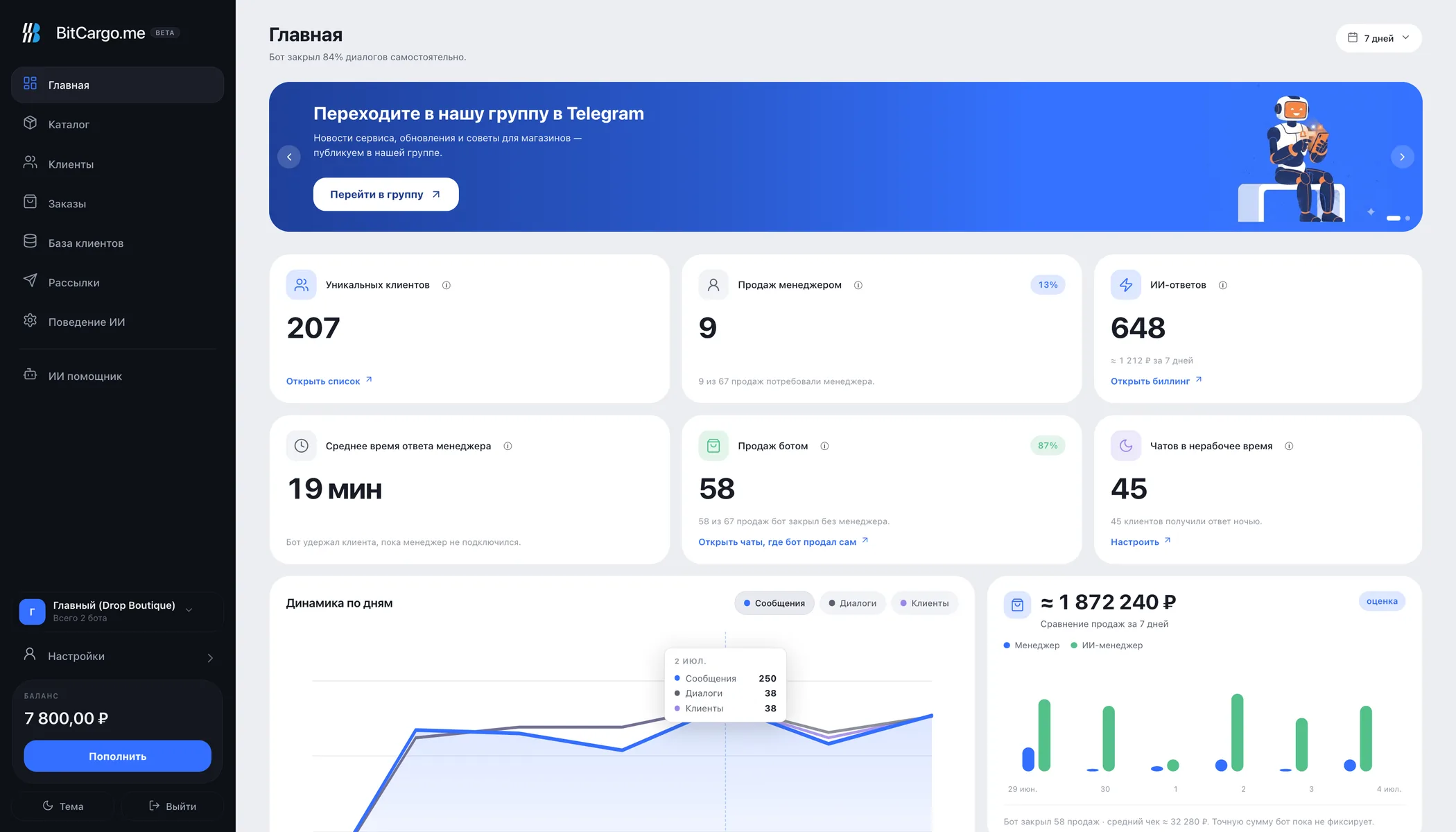 Кабинет BitCargo — главная с метриками магазина